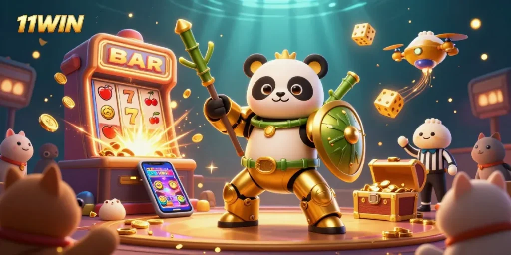 Experience 11WIN's vibrant casino excitement with an ultra-detailed 3D robot panda scene featuring jackpots.