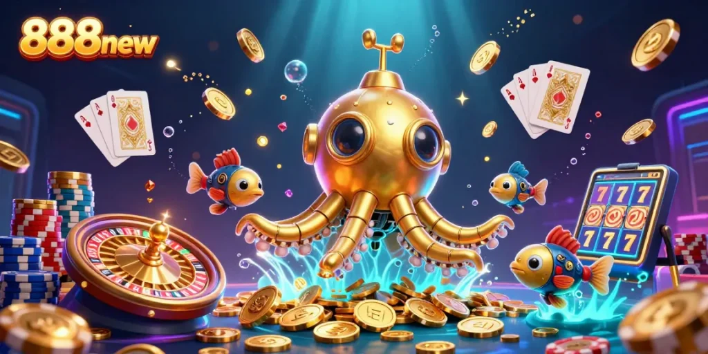 Experience the thrilling adventure of 888new with a kraken submarine and golden casino elements.