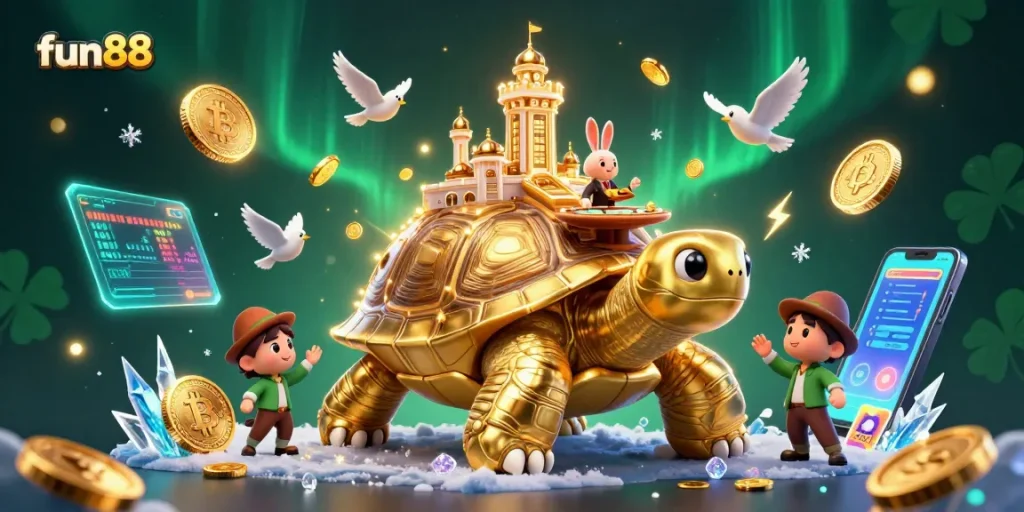 Play at fun88's vibrant cartoon casino with gold coins and crypto elements in a dynamic scene.