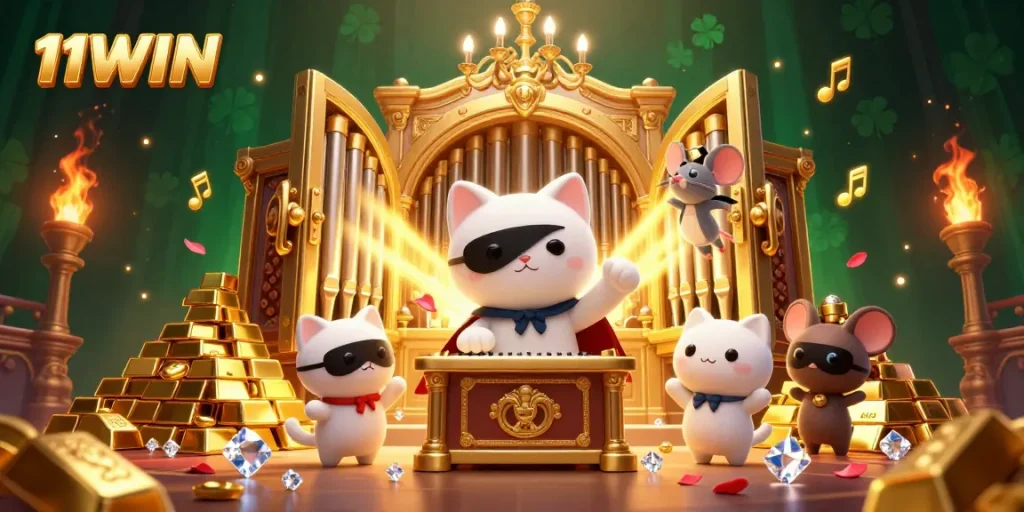 Play and win with 11WIN at a vibrant casino scene featuring a phantom cat, gold treasures, and acrobatic mouse.