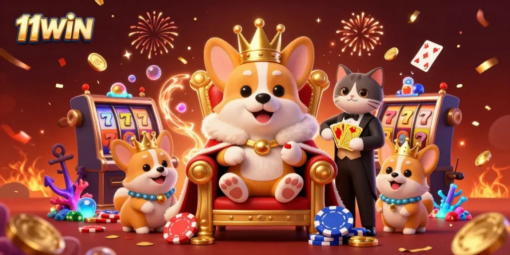 Engage with 11WIN through a vibrant 3D casino scene featuring a royal corgi on a throne of poker chips amidst lively gaming elements.