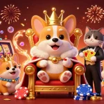 Engage with 11WIN through a vibrant 3D casino scene featuring a royal corgi on a throne of poker chips amidst lively gaming elements.