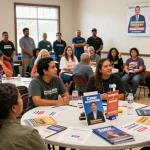 Casey Askar engaging with voters at a town hall meeting showcasing his political campaign.