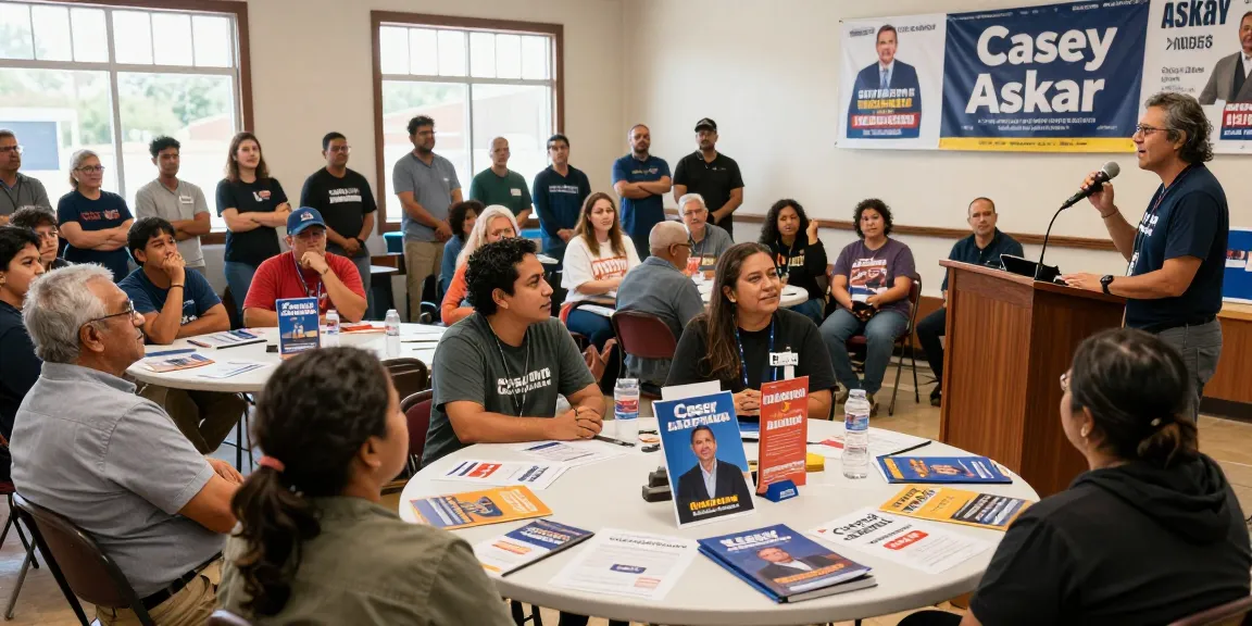 Casey Askar engaging with voters at a town hall meeting showcasing his political campaign.