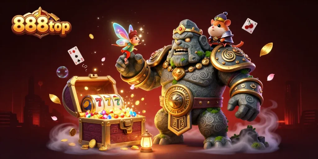 Experience excitement at 888top with thrilling slots and magical characters amidst a treasure-filled scene.