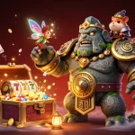 Experience excitement at 888top with thrilling slots and magical characters amidst a treasure-filled scene.