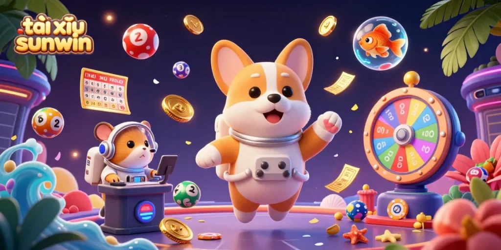 Win big with tài xỉu sunwin in this vibrant casino space scene featuring colorful elements and playful characters.