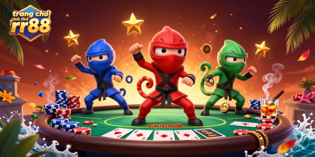 Engage with the vibrant scene at trang chủ chính thức rr88 featuring ninja chameleons in action at a poker table.