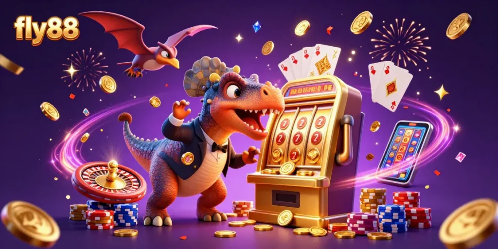 Experience fly88's thrilling jackpot with a dinosaur and vibrant casino elements in a dynamic illustration.