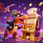 Experience fly88's thrilling jackpot with a dinosaur and vibrant casino elements in a dynamic illustration.