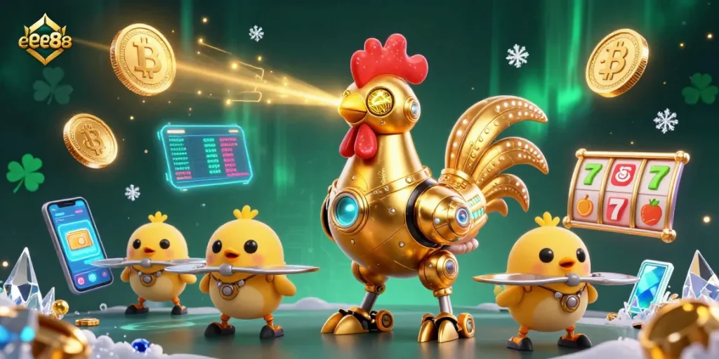 Engage with ee88's thrilling slots and crypto gaming experience revealed through vibrant 3D art.
