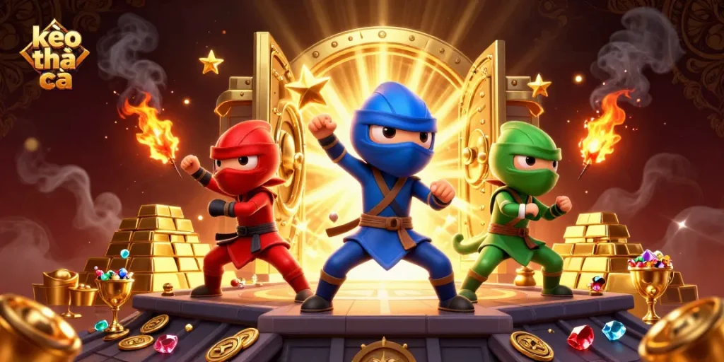Engage with kèo nhà cái strategies showcased by a colorful ninja chameleon team amidst treasures.