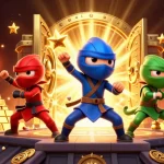 Engage with kèo nhà cái strategies showcased by a colorful ninja chameleon team amidst treasures.