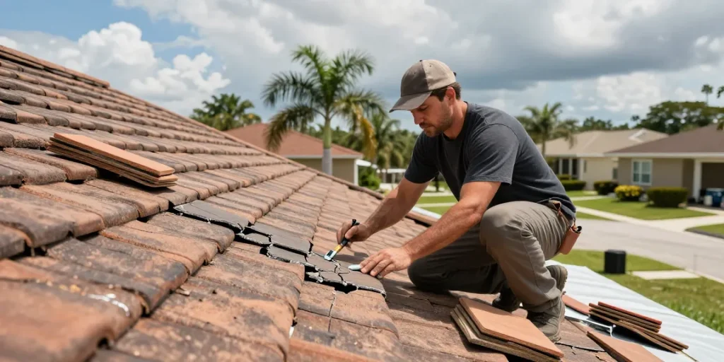 Expert tile roof inspection and repair process in Tampa, showcasing skilled craftsmanship and urgency for timely repairs.
