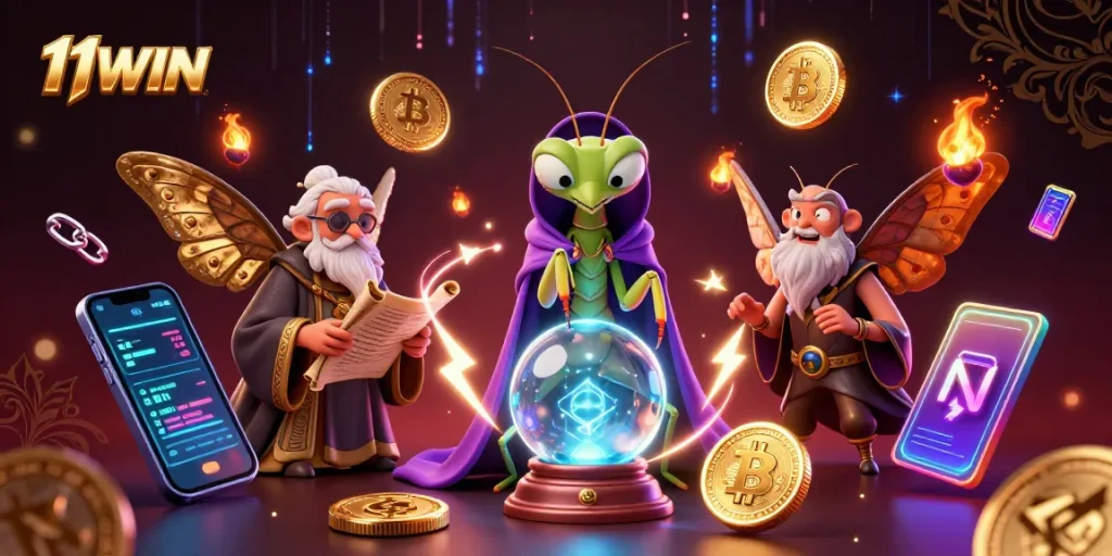 Engage with 11WIN's vibrant 3D casino scene featuring fantasy characters predicting wealth and crypto!