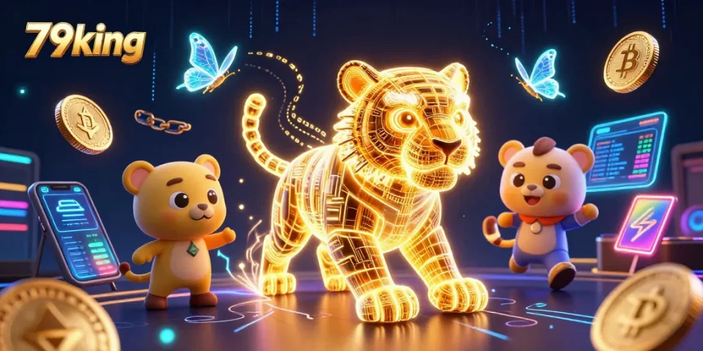 Engage with the exciting world of 79king, a vibrant 3D casino illustration showcasing neon elements and crypto motifs.