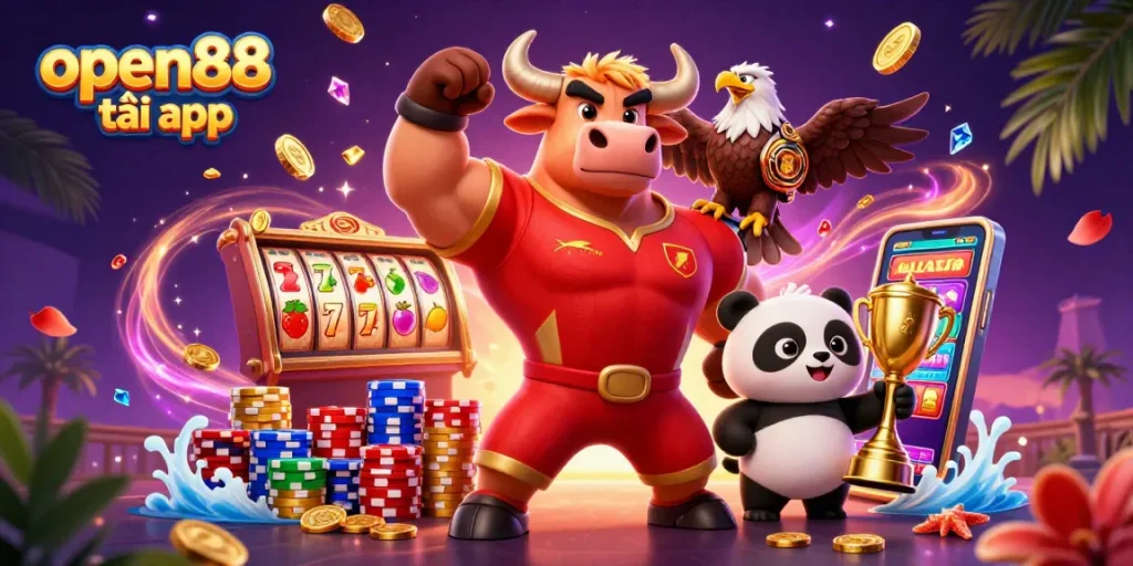 Win big with open88 tải app: vibrant 3D casino scene featuring a victorious bull mascot!