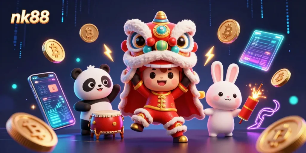 Engage with nk88's vibrant casino scene featuring a lion dance and playful characters among crypto coins.