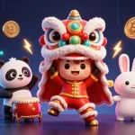 Engage with nk88's vibrant casino scene featuring a lion dance and playful characters among crypto coins.