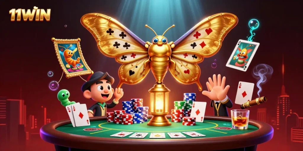 Engage with the dazzling 11WIN scene featuring an atlas moth and casino elements, showcasing poker excitement.