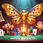Engage with the dazzling 11WIN scene featuring an atlas moth and casino elements, showcasing poker excitement.