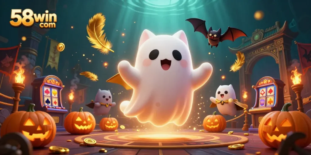 Experience the excitement of betting at 58win com while enjoying a vibrant casino scene featuring a ghost cat and vampire bat.