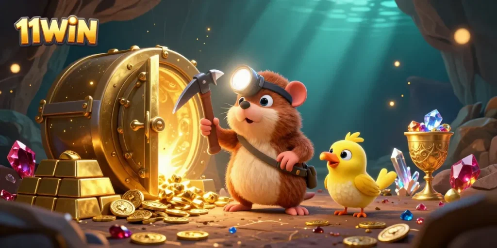 Engage in the vibrant treasures of 11WIN with a 3D illustration showcasing a treasure hunter and stunning gems.