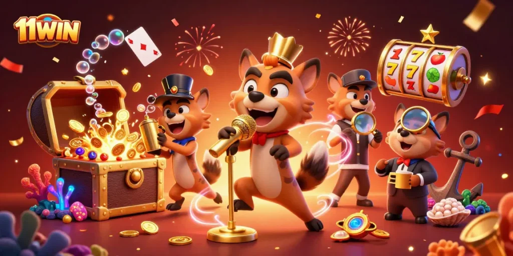 Experience vibrant gaming fun with 11WIN in a lively cartoon casino scene filled with action.