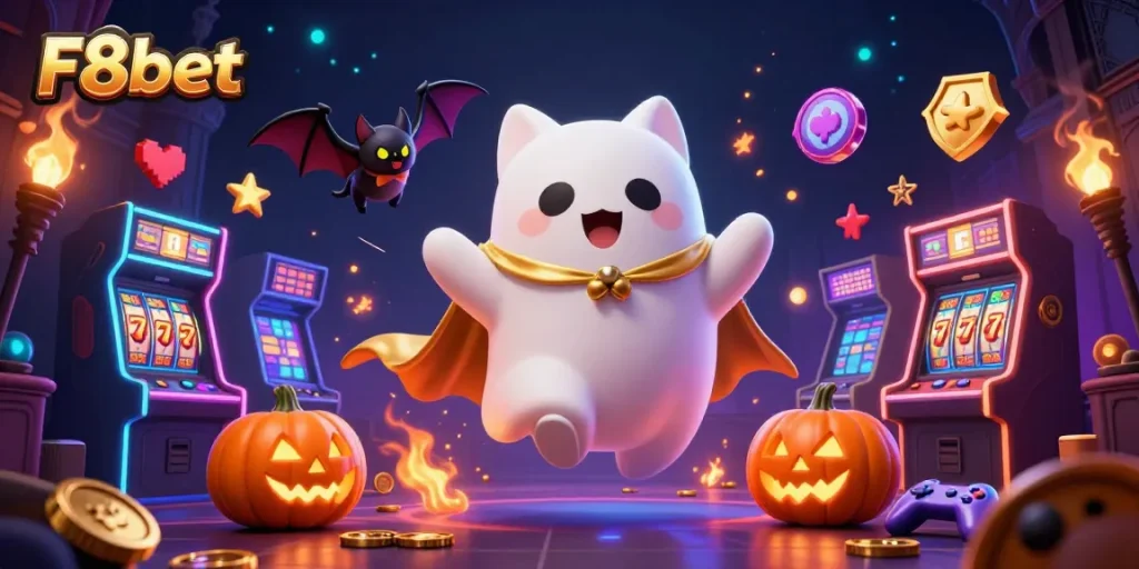 Experience thrilling gameplay with F8bet in this vibrant haunted casino illustration.