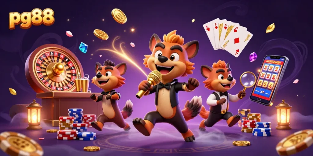 Hyenas at a dynamic comedy casino scene showcasing pg88 promotions with gold coins flying around.