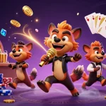 Hyenas at a dynamic comedy casino scene showcasing pg88 promotions with gold coins flying around.