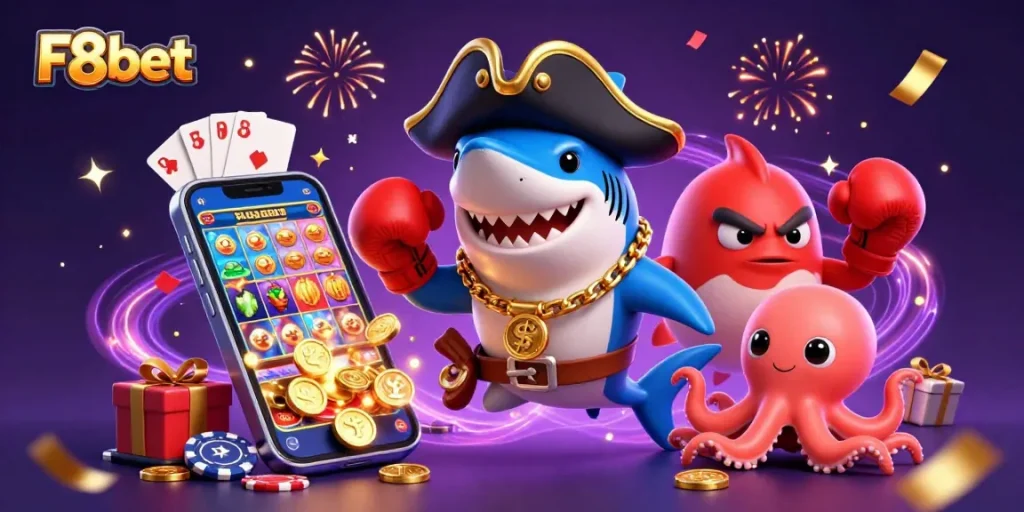 Engage with F8bet's vibrant 3D casino illustration featuring colorful games and characters in a festive atmosphere.