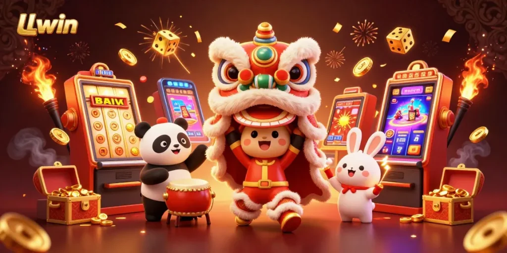Engage with the LLwin gaming experience featuring festive lion dancers and vibrant casino elements.