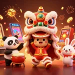 Engage with the LLwin gaming experience featuring festive lion dancers and vibrant casino elements.