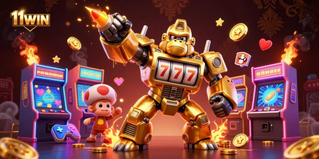 Engage with thrilling slots at 11WIN with a dynamic golden gorilla mech amidst vibrant gaming elements.