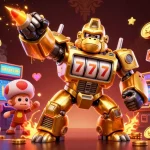 Engage with thrilling slots at 11WIN with a dynamic golden gorilla mech amidst vibrant gaming elements.