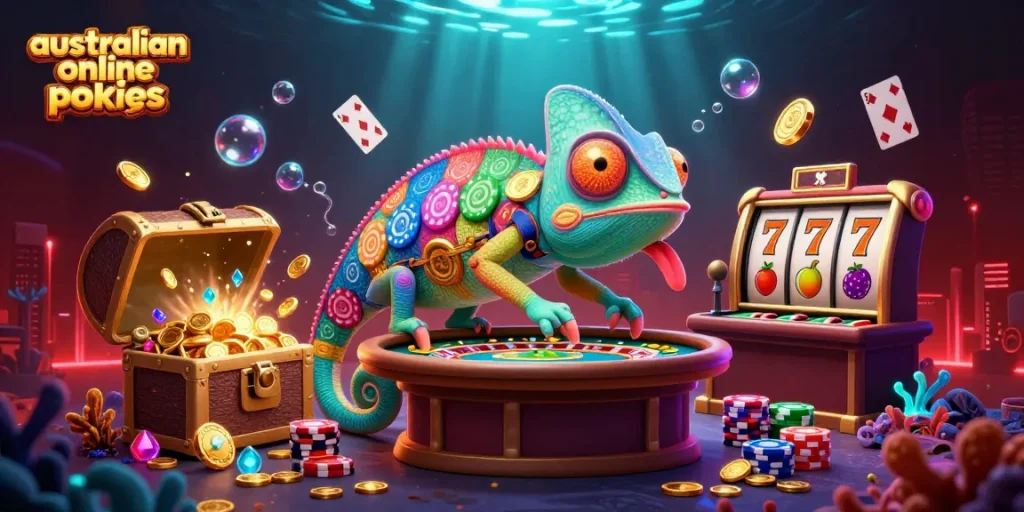 Engage with australian online pokies through dynamic gameplay featuring vibrant chameleon and slot reels.