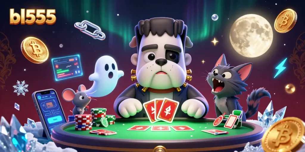 bl555 showcases a lively card game with a bulldog dealer surrounded by vibrant crypto and casino elements.