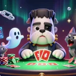 bl555 showcases a lively card game with a bulldog dealer surrounded by vibrant crypto and casino elements.