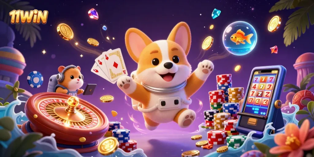 Experience thrilling adventures at 11WIN with a corgi astronaut and casino treasures.
