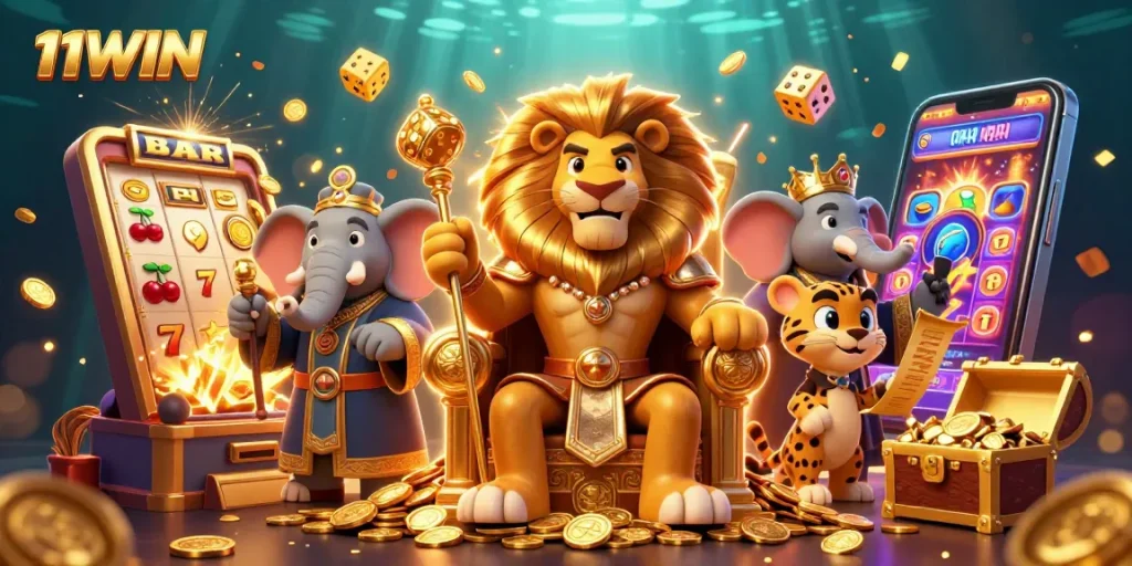 Experience the thrill of winning at 11WIN with a majestic lion king and vibrant casino elements.