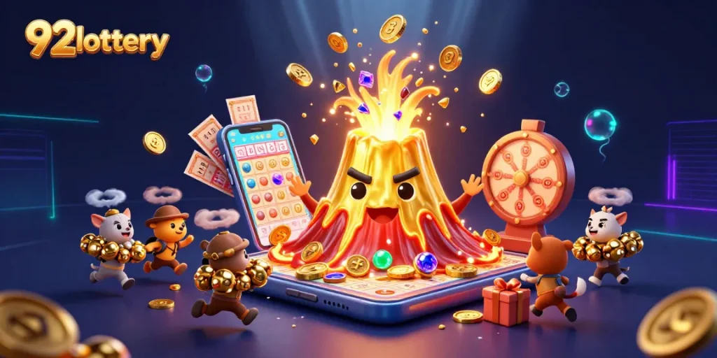 Engage with exciting games at 92lottery, where a triumphant volcano explodes with coins and gems.